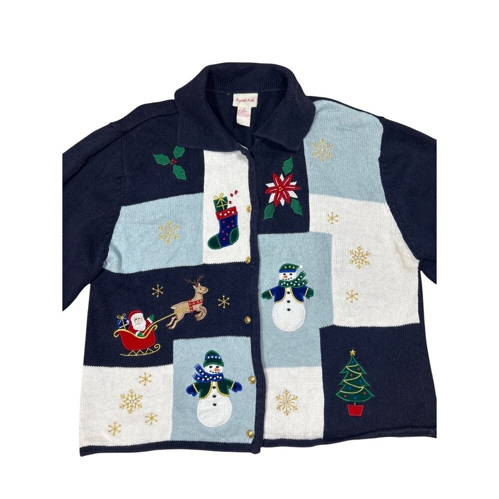 Vintage Crystal Kobe Cardigan Sweater XL Christmas Snowman Navy Blue Long Sleeve